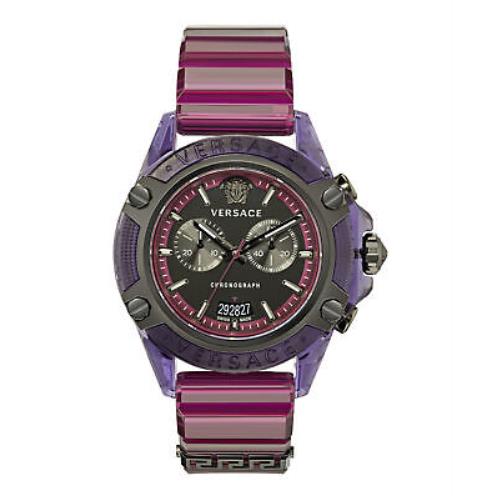 Versace Mens Icon Active Transparent Purple 44mm Strap Fashion Watch - Dial: Black, Band: Purple, Bezel: Black