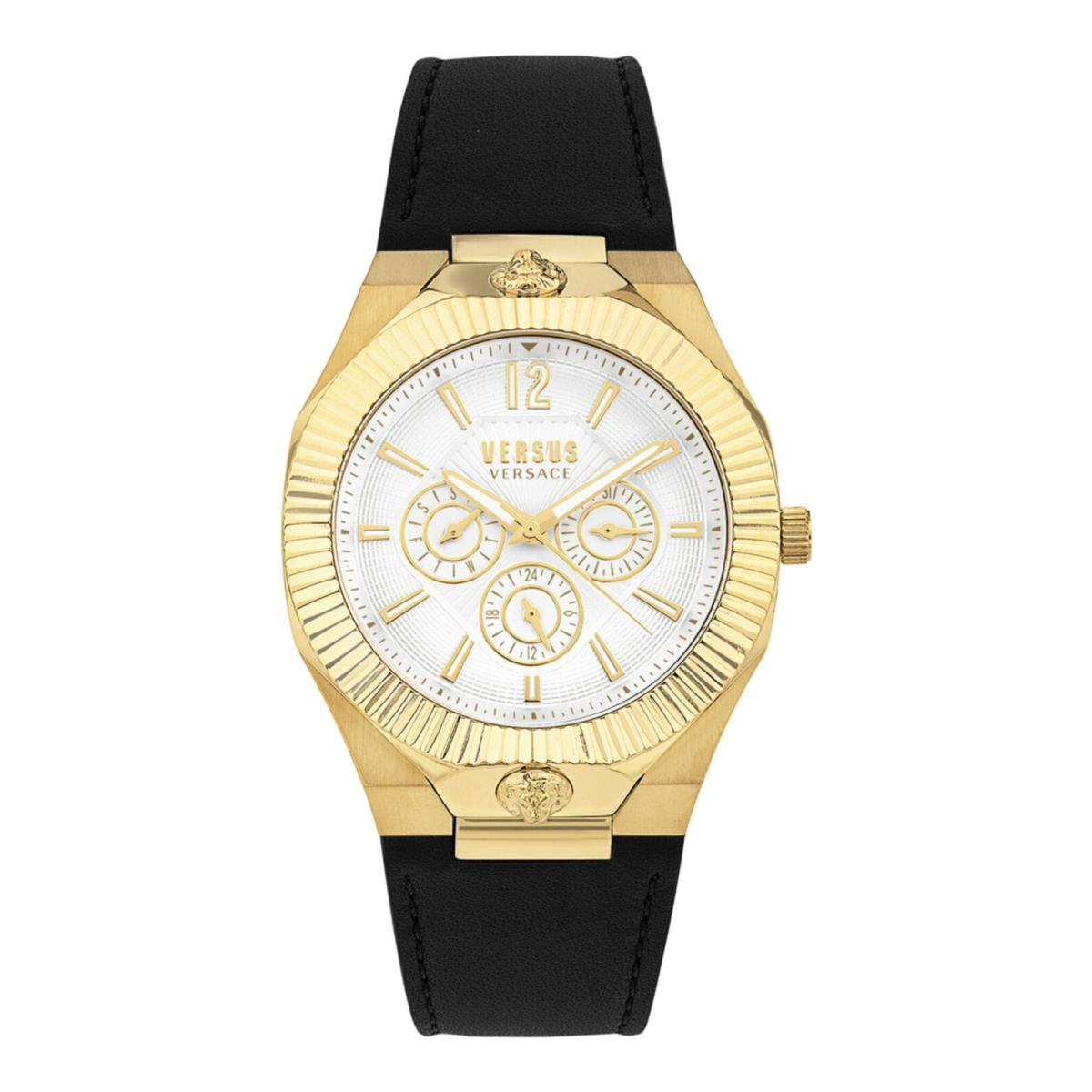 Versus Versace Mens Echo Park Multifunction Gold 42mm Strap Fashion Watch - Dial: Silver, Band: Black