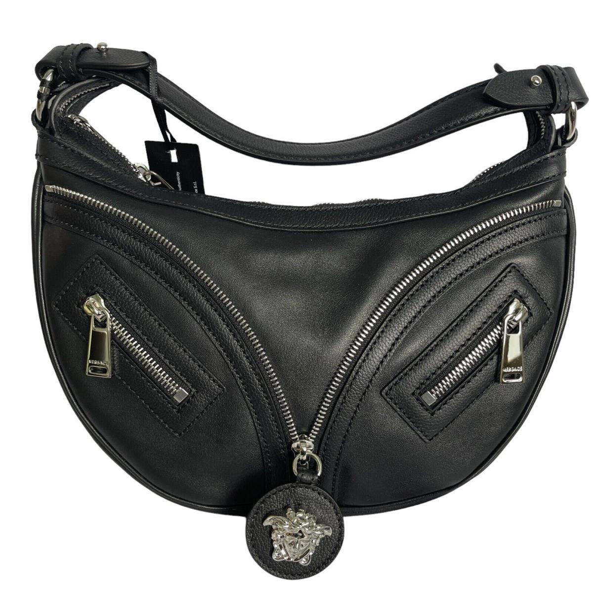 Versace Silver Medusa Head Black Leather Hobo Shoulder Bag 1007680 Long/short