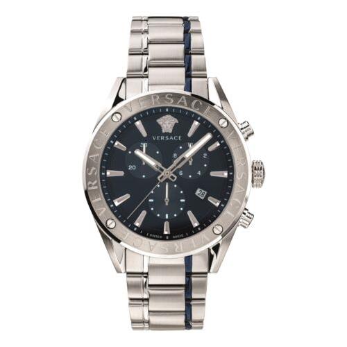 Versace Men`s V-chrono 44mm Quartz Watch VEHB00519 - Dial: Blue, Band: Silver Tone, Other Dial: Blue