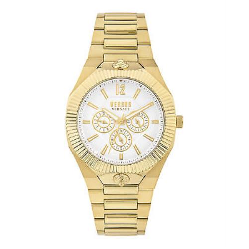 Versus Versace Mens Echo Park Multifunction Gold 42mm Bracelet Fashion Watch - Dial: Silver, Band: Gold, Bezel: Silver