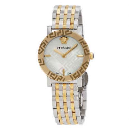 Versace Greca Glass Quartz White Mop Dial Ladies Watch VEU300421 - Dial: White Mother of Pearl, Band: Two-tone (Silver-tone and Gold-tone), Bezel: Gold-tone