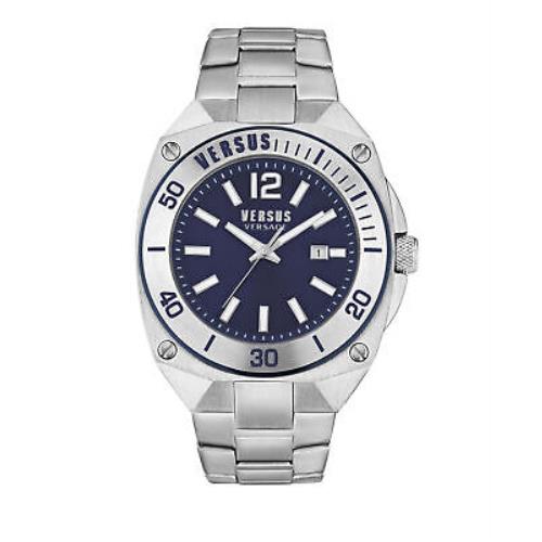 Versus Versace Mens Versus Reaction Stainless Steel 48mm Bracelet Fashion Watch - Dial: Blue, Band: Silver, Bezel: Blue