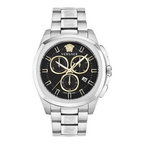 Versace Mens Versace Geo Chrono Stainless Steel 43mm Bracelet Fashion Watch - Dial: Black, Band: Silver, Bezel: Silver