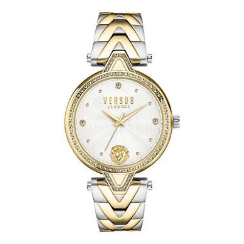 Versus Versace Womens Two Tone 34mm Bracelet Fashion Watch - Dial: Silver, Band: Silver, Bezel: Gold