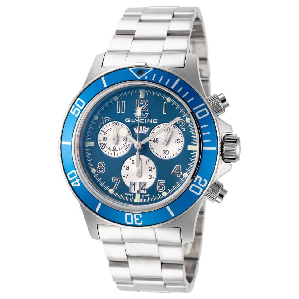 Glycine Combat Blue Dial Chronograph Silver Tone Stainless Steel Swiss Watch - Dial: Blue, Band: Silver, Bezel: Blue