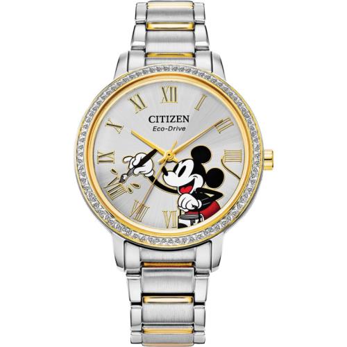 Citizen Eco-drive Ladies` Mickey Mouse Crystal Watch Two Tone Gold Stainless St