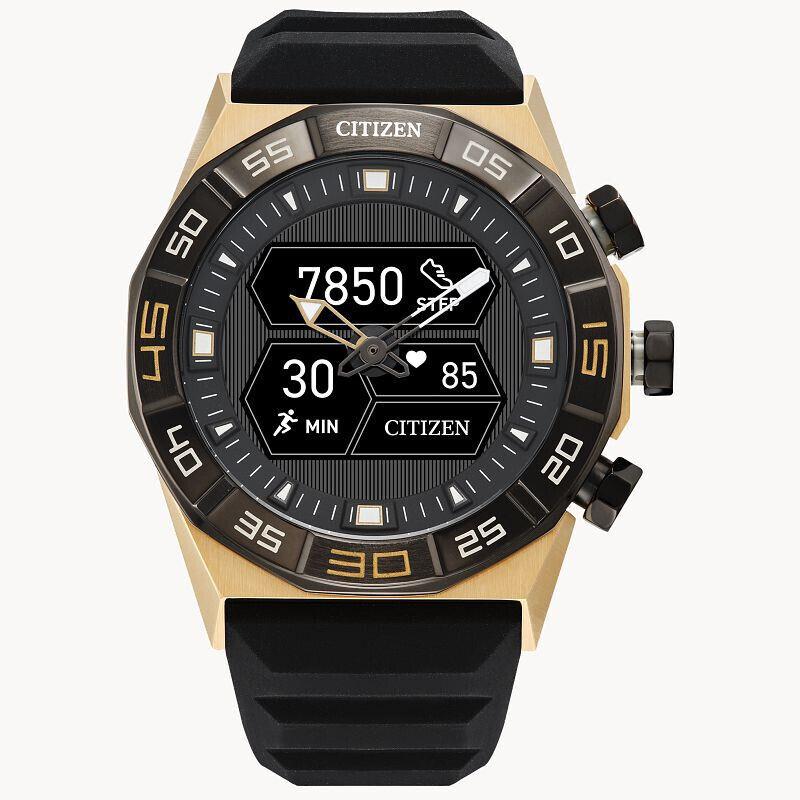 Citizen CZ Smart Hybrid Gold Black Silicone Smart Watch 44MM JX2009-03E - Dial: Black, Band: Black, Bezel: Black