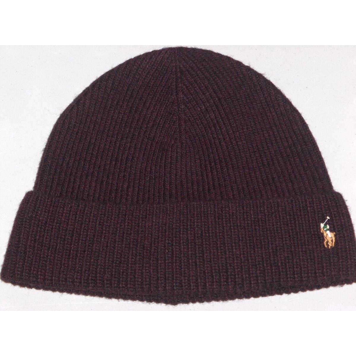 Polo Ralph Lauren Men`s Wool Rib Knit Pony Beanie Hat Watch Ski Cap Wine Plum