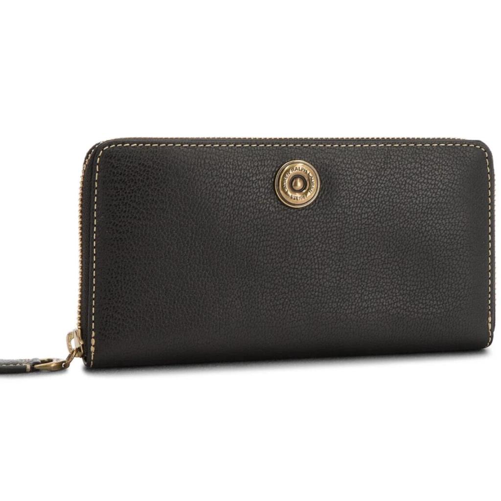Ralph Lauren Millbrook Wallet Zip Around Pebbled Leather Black/truffle Brass