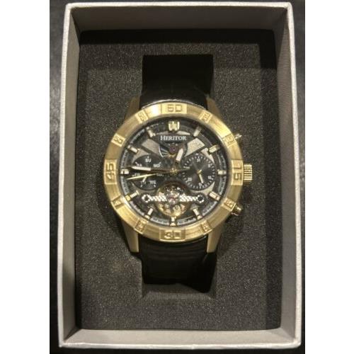 Heritor Automatic Hannibal Semi-skeleton Leather Band Watch Gold Black