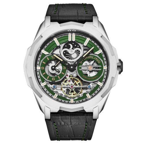 Stuhrling 1012 02 Automatic Black Leather Green Dial Mens Watch