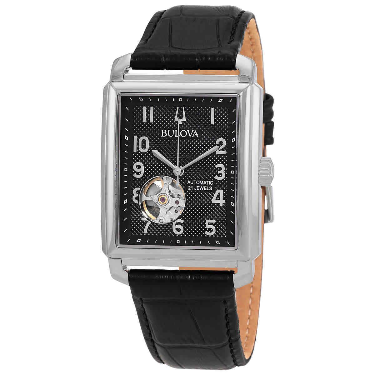 Bulova Sutton Automatic Black Dial Unisex Watch 96A269 - Dial: Black, Band: Black, Bezel: Silver