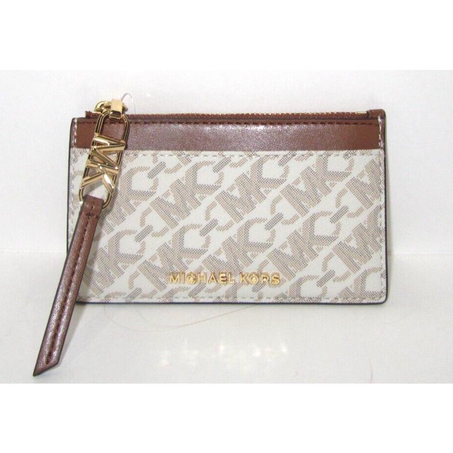 Michael Kors Empire Small Zip Card Case Vanilla Signature Luggage Leather NWT$98
