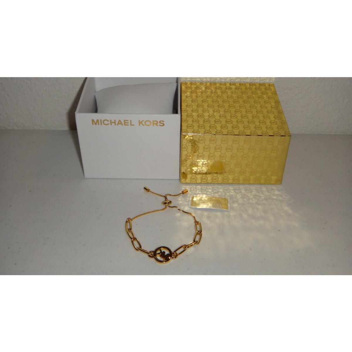 Michael Kors MK Logo Charm Yellow Gold Brass Chain Bracelet MKJ7746710 + MK Box