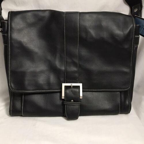 Kenneth Cole Black Reaction Leather Shoulder Messenger Laptop Bag Buckle Up