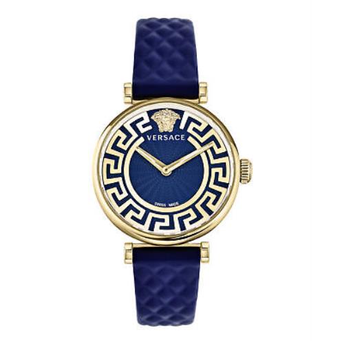 Versace Womens Greca Chic Gold 35mm Strap Fashion Watch - Dial: Blue, Band: Blue, Bezel: Blue