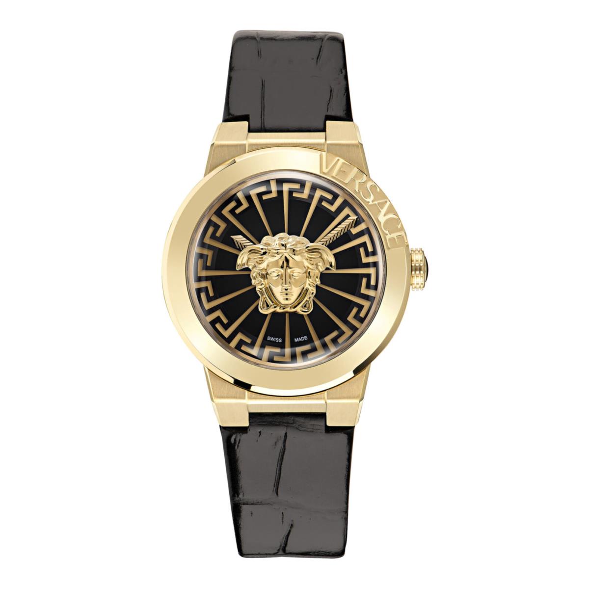 Versace Womens Medusa Infinite IP Yellow Gold 38mm Strap Fashion Watch - Dial: Black, Band: Black