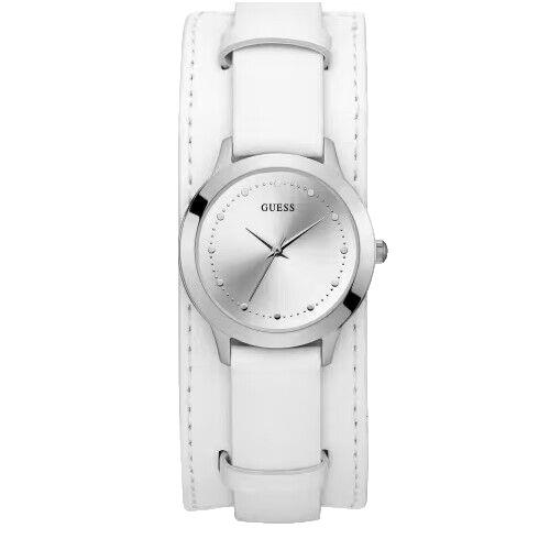 Guess White Leather Bund Strap Silver Dial 30mm Women`s Watch U1151L1