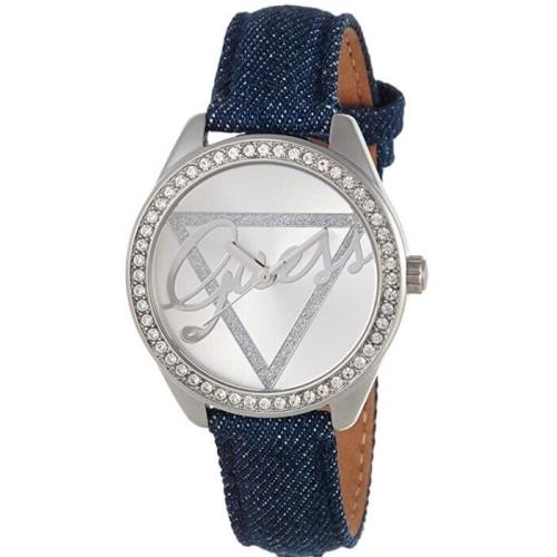 Guess Silver Tone 37mm Blue Leather/demin Band Silver Dial Women`s Watch W0456L1