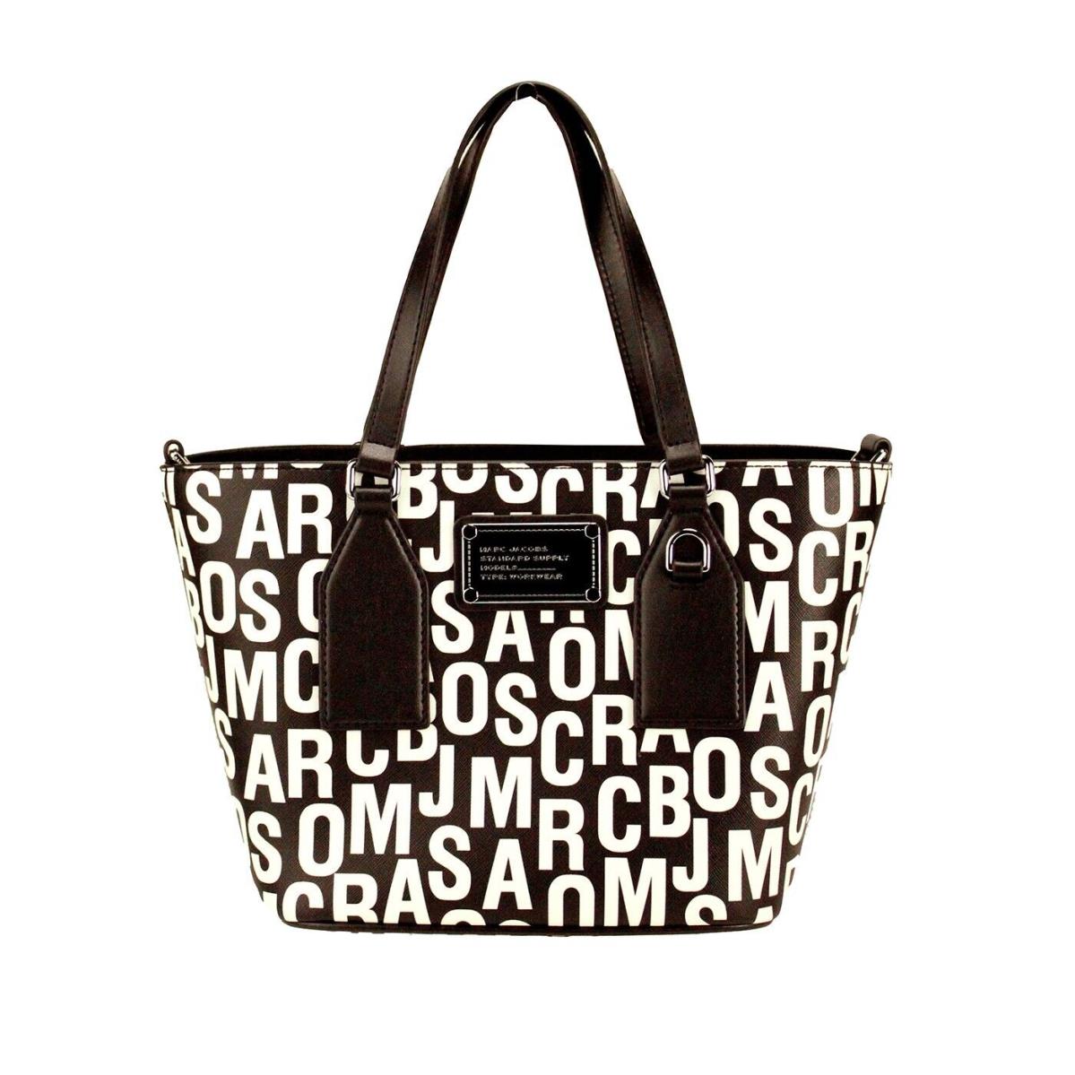 Marc Jacobs Small Black White Monogram Print Saffiano Leather Tote Crossbody Bag