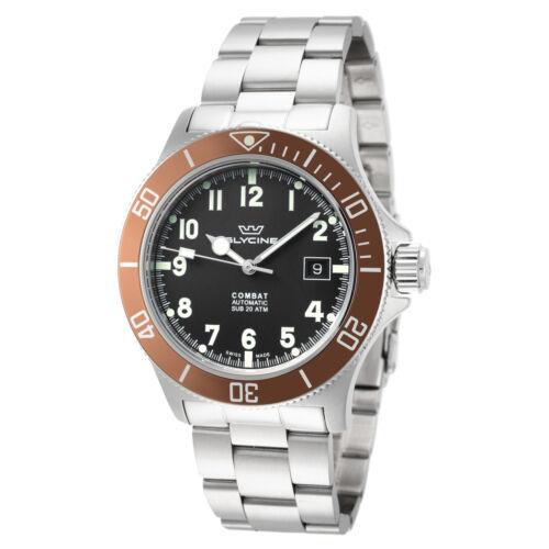 Glycine Men`s Combat Sub 42mm Automatic Watch GL0171 - Face: Black, Brown, Dial: Black, Band: Silver Tone