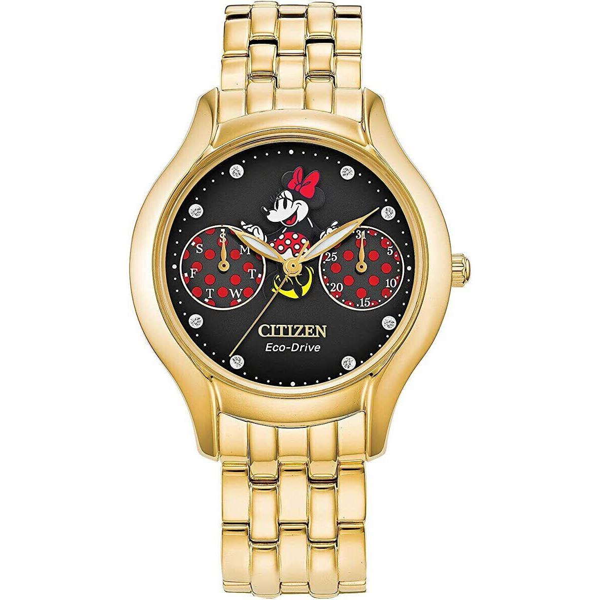 Citizen FD4018-55W Positively Minnie Series Gold Tone Eco-drive Disney Watch - Dial: Black, Band: Gold, Bezel: Gold