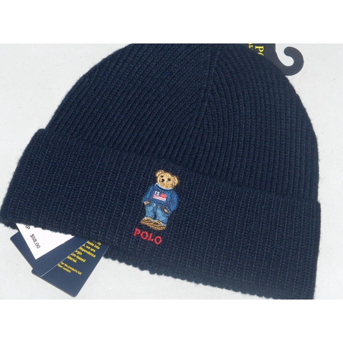 Polo Ralph Lauren Men`s Usa Sweater Bear Beanie Hat Watch Ski Cap Navy Blue