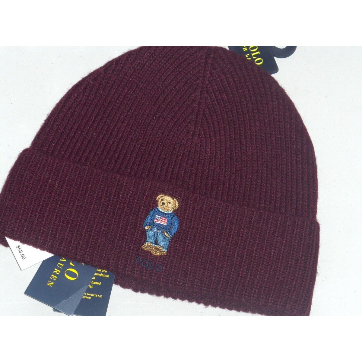 Polo Ralph Lauren Men`s Usa Sweater Bear Beanie Hat Watch Ski Cap Wine Burgundy