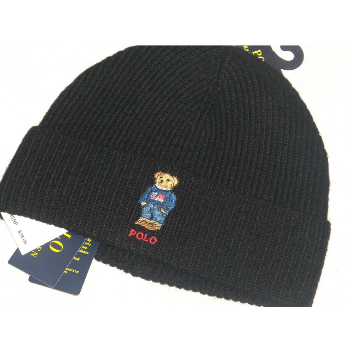 Polo Ralph Lauren Men`s Usa Sweater Polo Bear Beanie Hat Watch Ski Cap Black