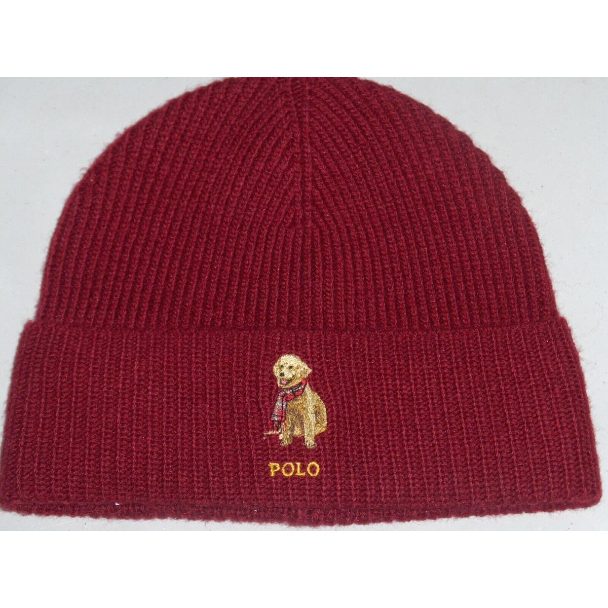 Polo Ralph Lauren Men`s Golden Retriever Dog Rib Knit Beanie Hat Watch Cap Red