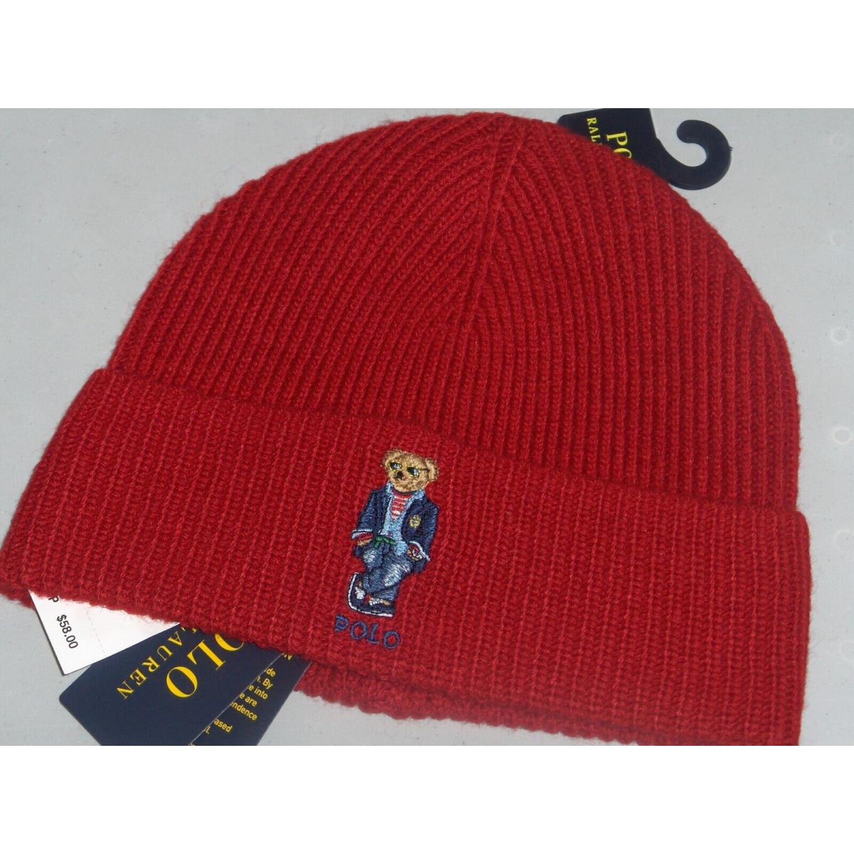 Polo Ralph Lauren Men`s Regatta Bear Rib Knit Beanie Hat Watch Ski Cap Red