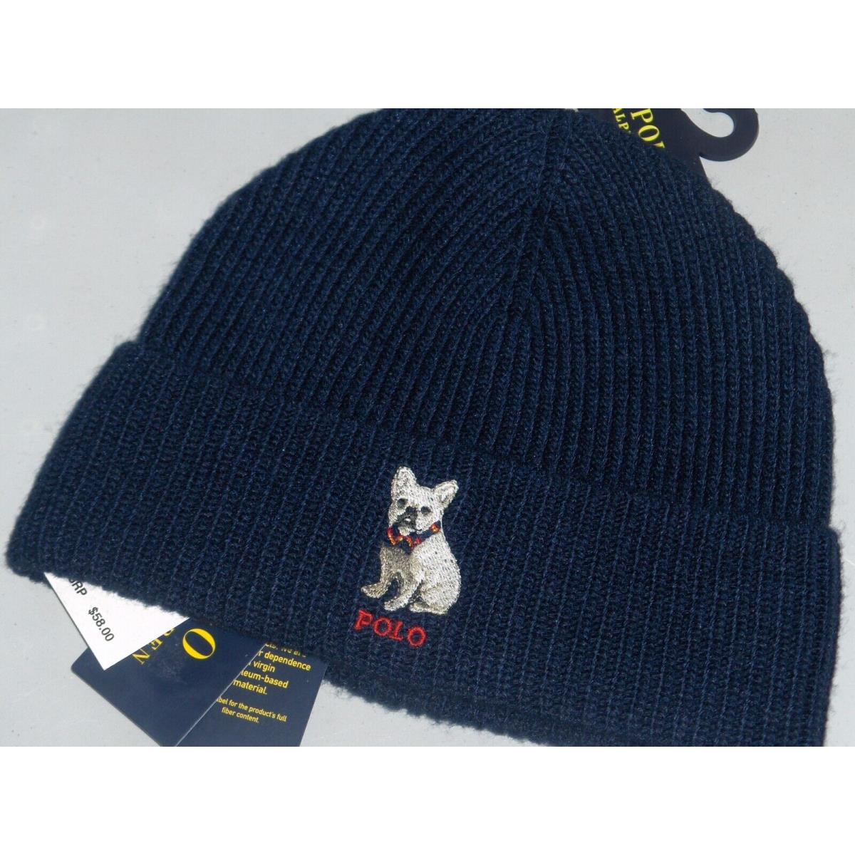 Polo Ralph Lauren Men`s French Bulldog Dog Knit Beanie Hat Watch Cap Navy Blue