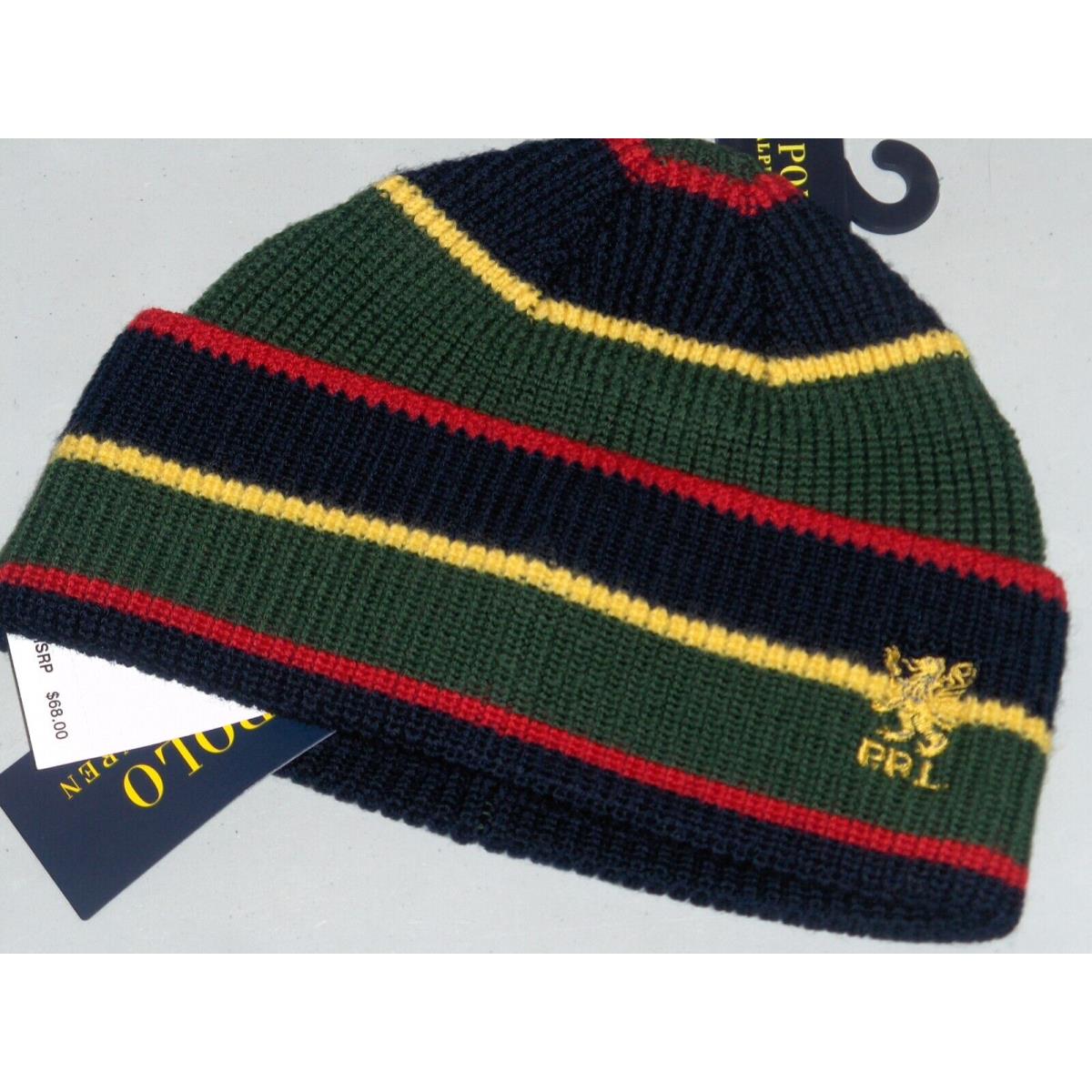 Polo Ralph Lauren Men`s Wool Rib Knit Striped Griffin Beanie Hat Watch Cap Navy