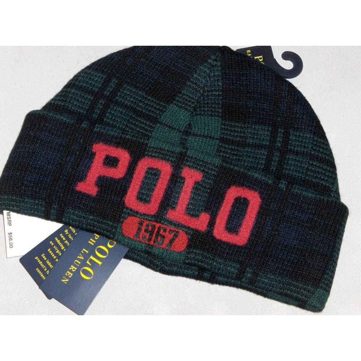 Polo Ralph Lauren Men`s Wool Knit Blackwatch Plaid Beanie Hat Watch Ski Cap Navy