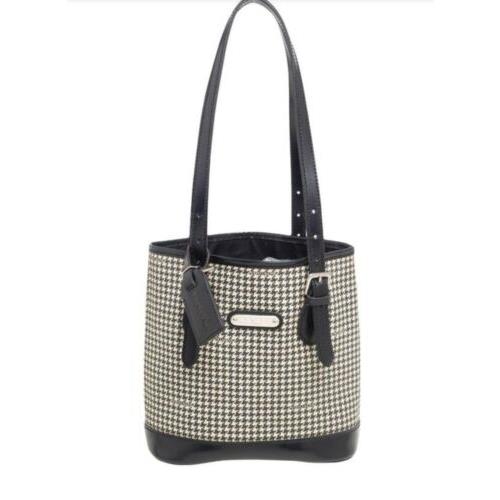 Ralph Lauren Signature Houndstooth Tote Bag Classic Leather Trim Black White