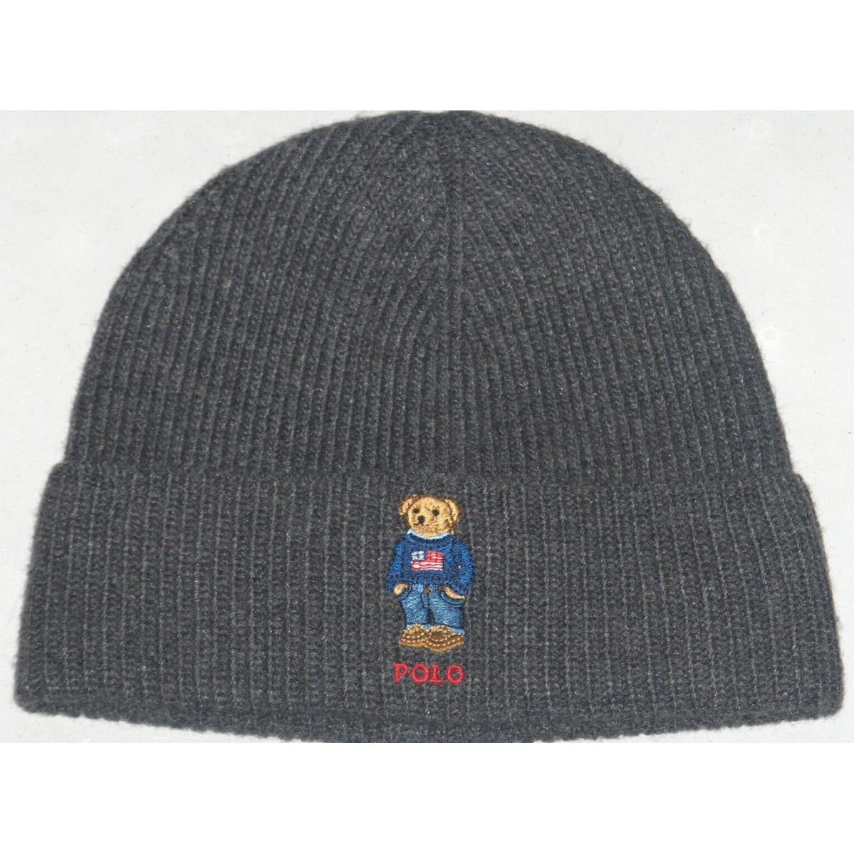 Polo Ralph Lauren Men`s Usa Sweater Bear Beanie Hat Watch Cap Charcoal Gray Grey