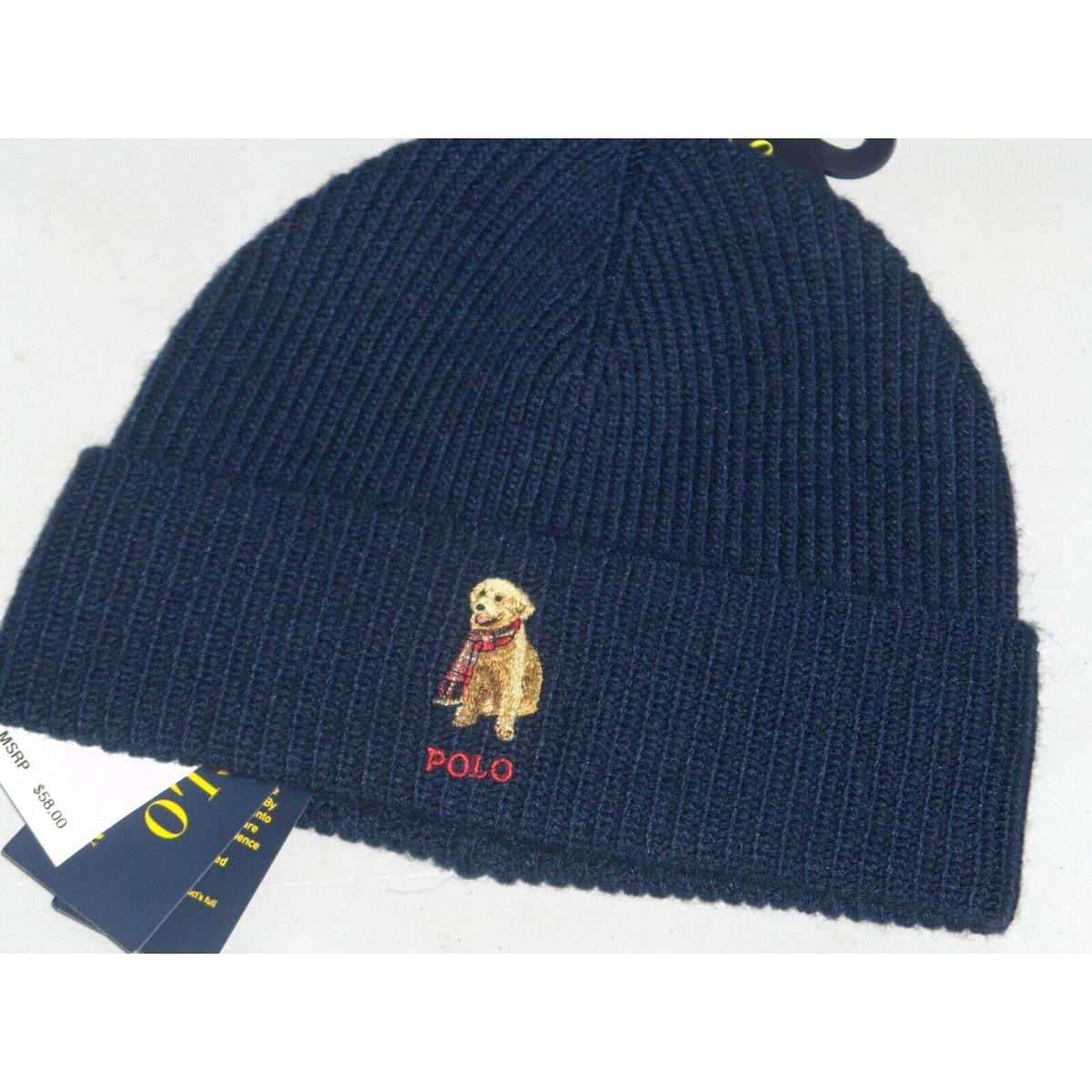 Polo Ralph Lauren Men`s Golden Retriever Dog Knit Beanie Hat Watch Cap Navy Blue