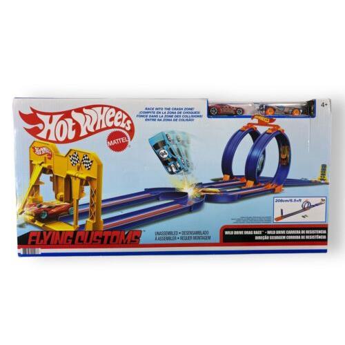 Hot Wheels Flying Customs Wild Drive Drag Race Track Set - 6.5 ft W/two Cars
