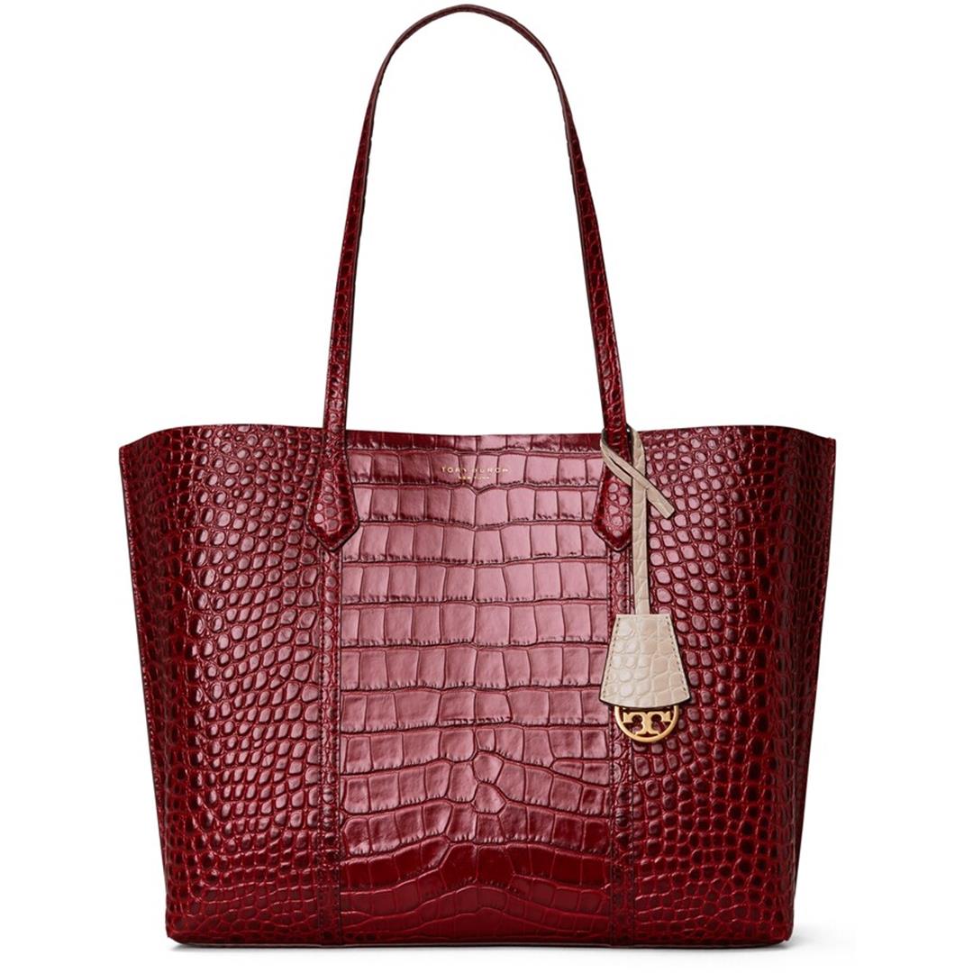 Tory Burch Perry Croc Embossed Three Compartment Tote Bag Red Leather Handbag NW