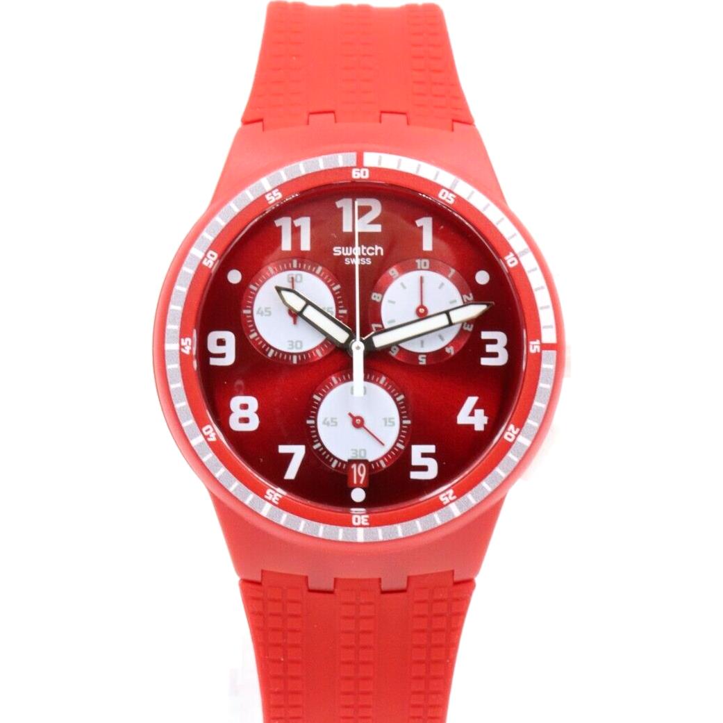 Swiss Swatch Originals Red Silicone Chrono Date Watch 42mm SUSR403 - Dial: Sun-brushed red, Band: Red, Bezel: White