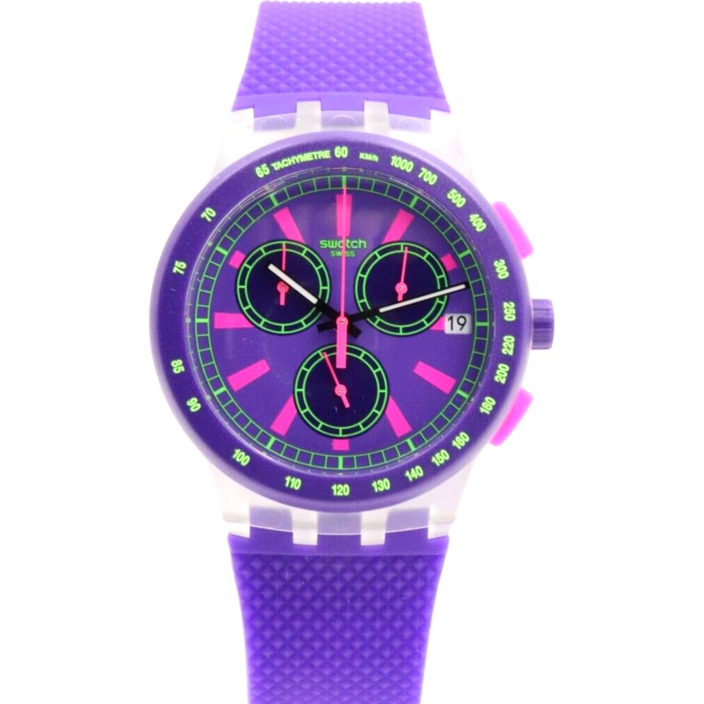 Swiss Swatch Originals Purp-lol Chronograph Silicone Watch 42mm SUSK400 - Dial: Purple, Band: Purple, Bezel: Purple