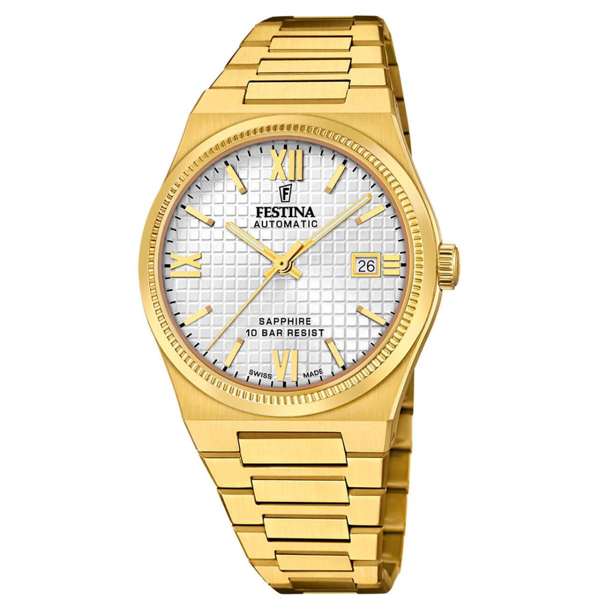 Festina Swiss Made Auto 40MM Yellow Gold SS Silver Dial Men`s Watch F20032-1