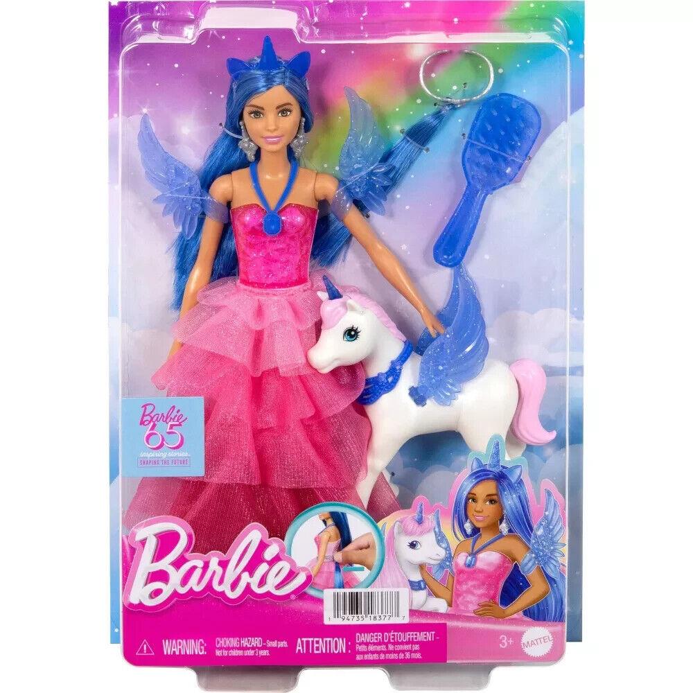 Barbie Unicorn Toy 65th Anniversary Doll with Blue Hair Pink Gown Pet Alicorn
