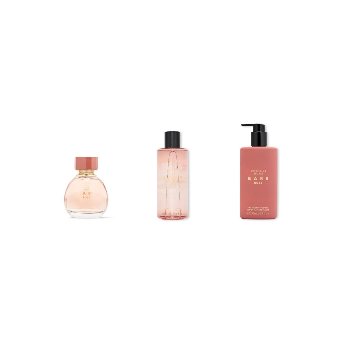 Victoria`s Secret Bare Rose Bundle 3.4oz Parfum+lotion+mist 3-Piece Set Fullsize