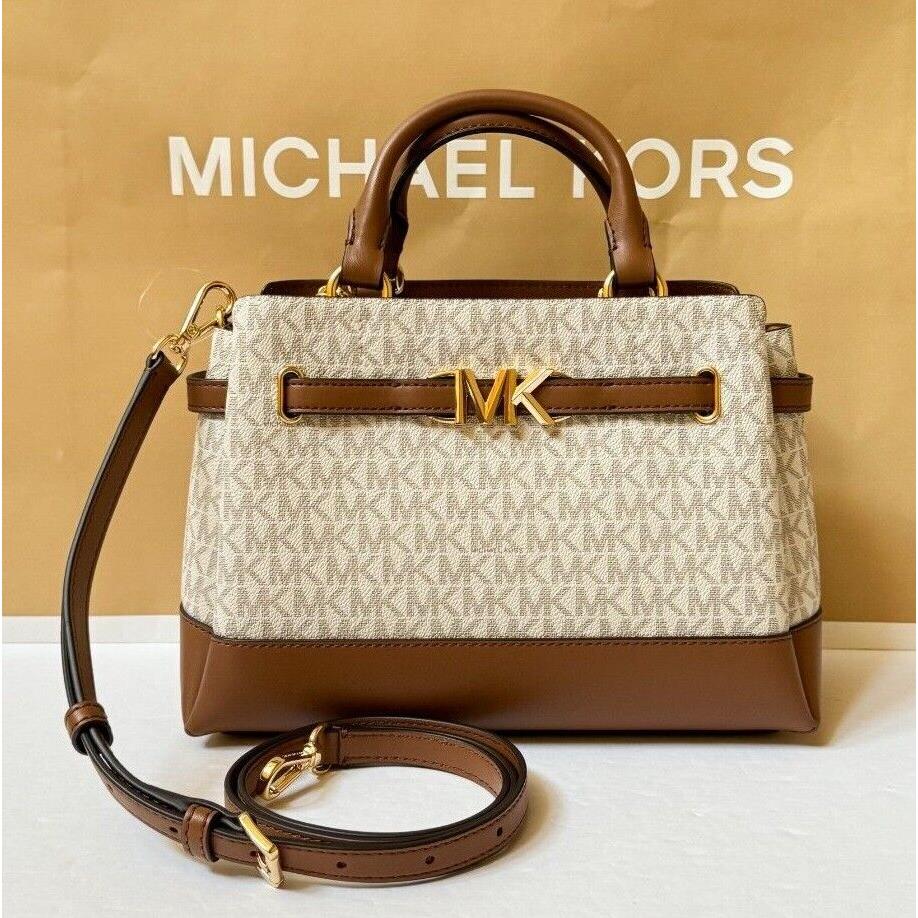 Michael Kors Reed Small Belted Satchel Shoulder Crossbody Bag MK VANILLA/BROWN