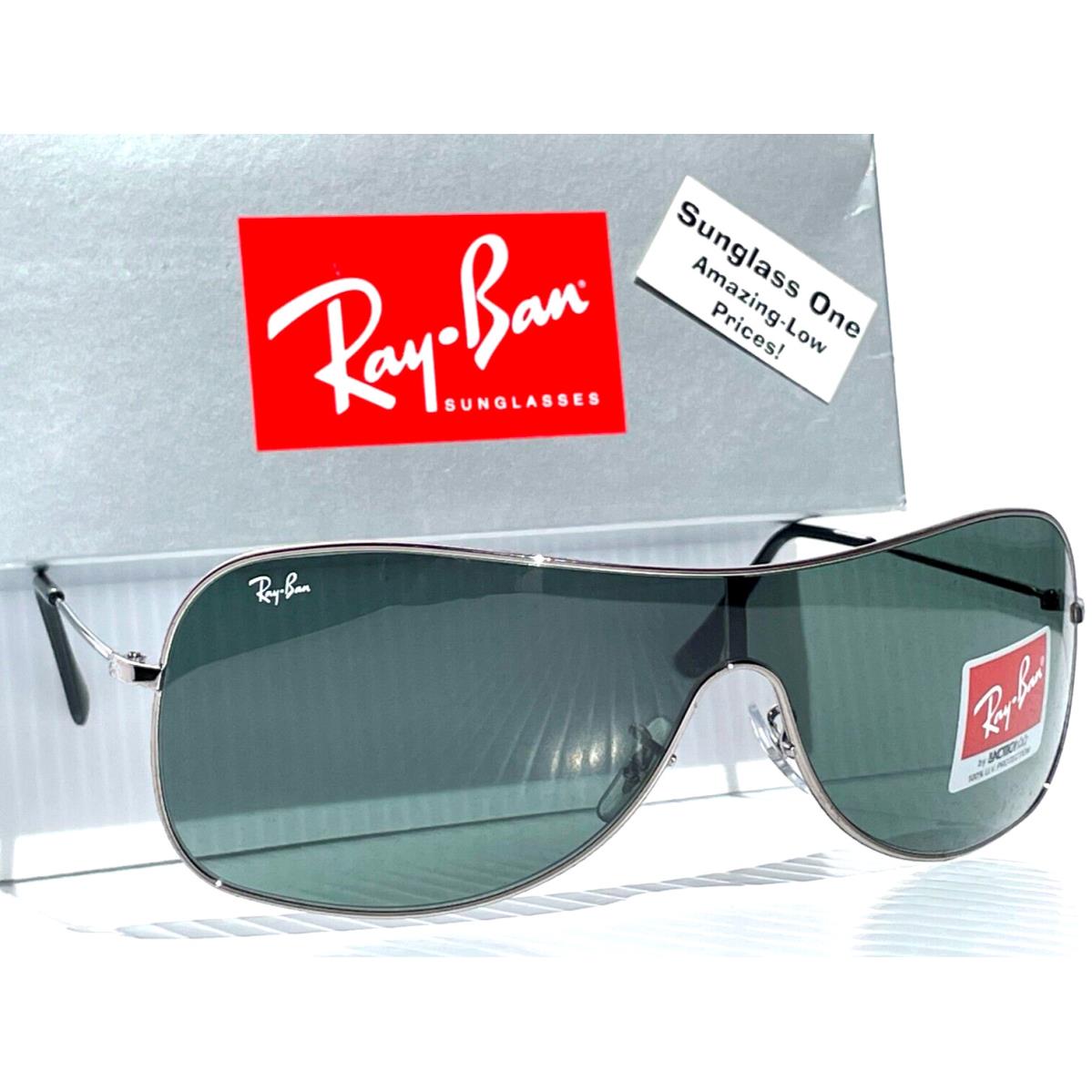 Ray Ban Highstreet Chrome Metal Shield Green Lens Sunglass RB 3211 004/71