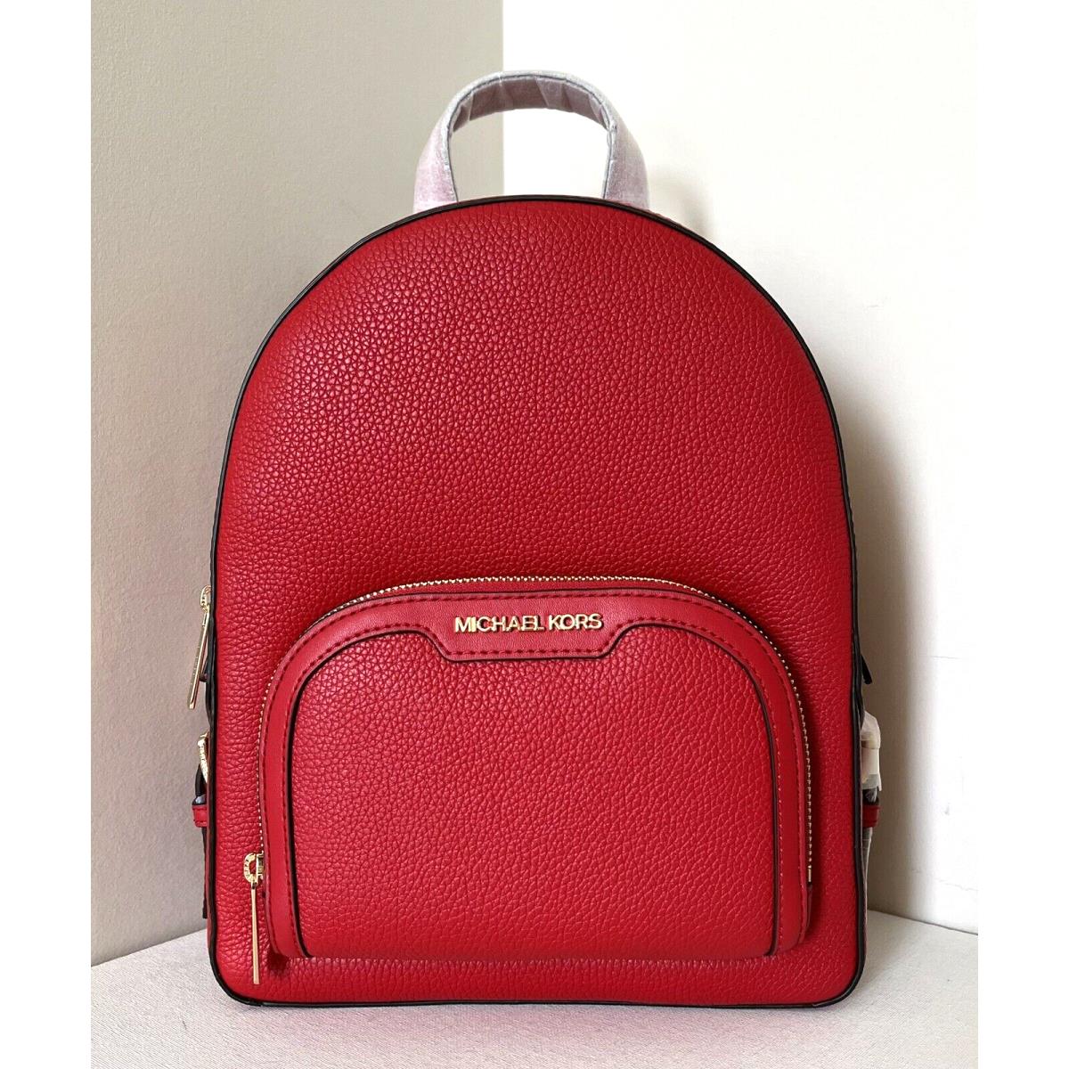 Michael Kors Jaycee Medium Zip Pocket Backpack Leather Bright Red / Dust Bag