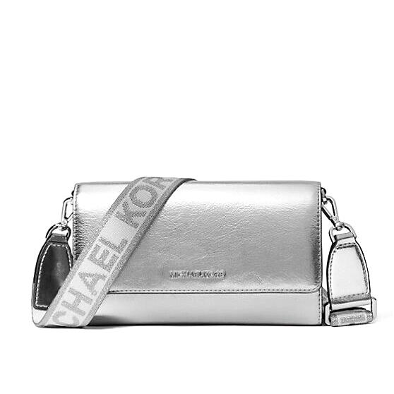 Michael Kors Jet Set Item Large Wallet Crossbody Metallic Silver / Dust Bag