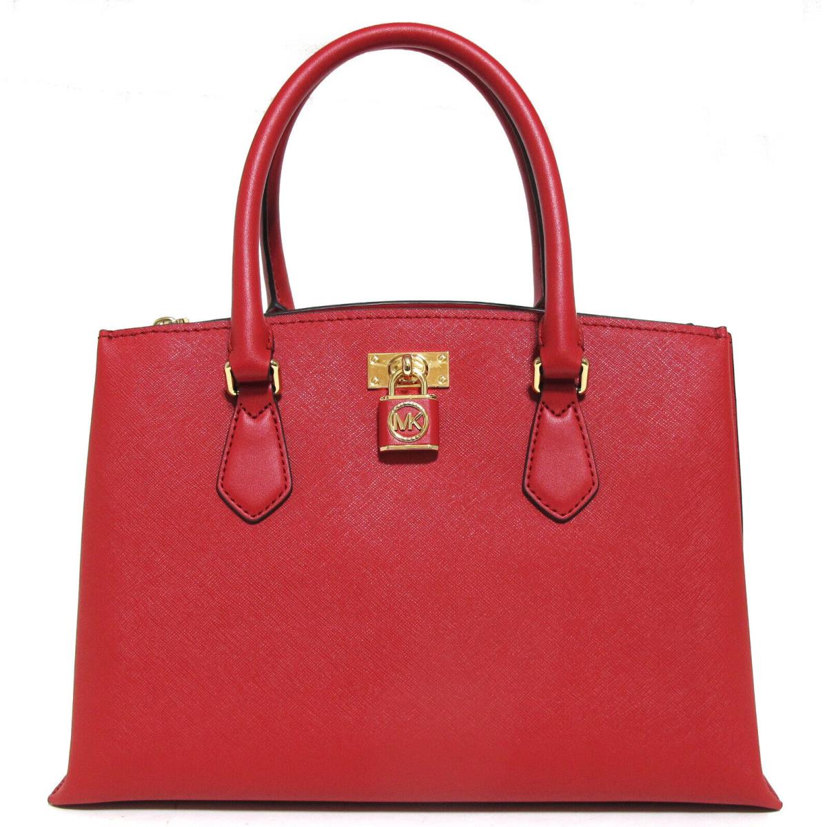 Michael Kors Ruby Crossgrain Leather Med Satchel Shoulder Bag Crimson/gold